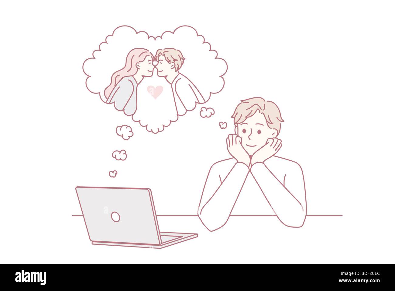 Träumen von Liebe und Online-Dating-Konzept. Lächelnder Junge, der am Laptop sitzt und davon träumt, dass seine Freundin sich ihr Datum online als Vektorgrafik vorstellt Stock Vektor