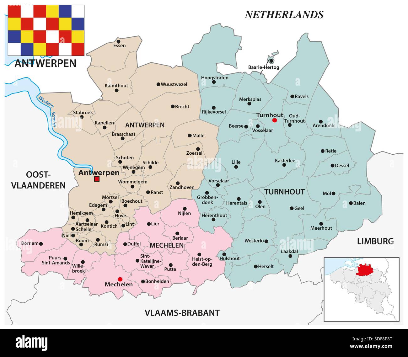 Verwaltungskarte der belgischen Provinz Antwerpen Stockfoto