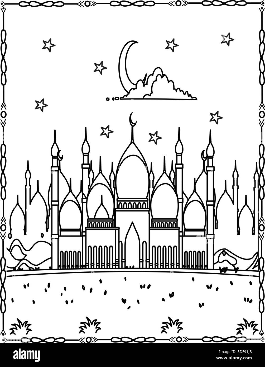 Vergnügliche Nacht in der Großen Moschee unter dem Halbmond. Mosché Malseite Für Kinder Und Erwachsene. Stock Vektor