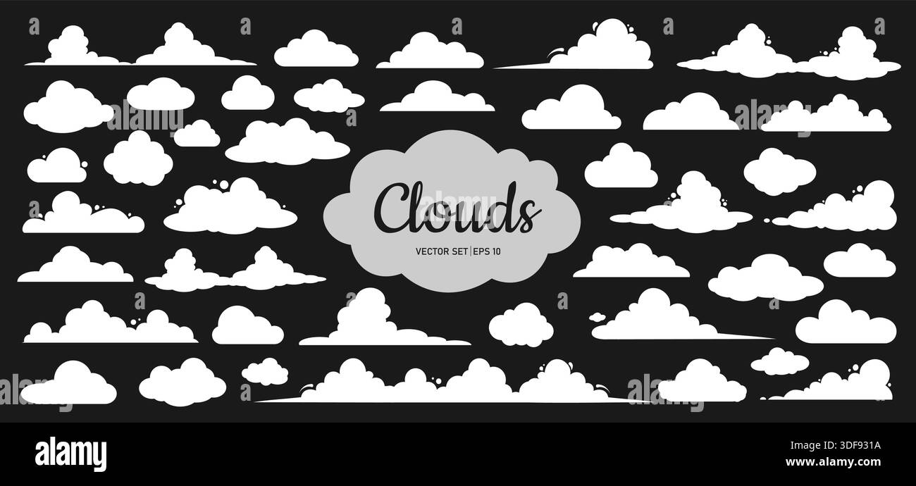 Ein Satz weißer Wolken unterschiedlicher Formen und Größen auf schwarzem Hintergrund. Eine Reihe von Karikaturwolken und Sprechblasen im Zeichentrickstil. Stock Vektor