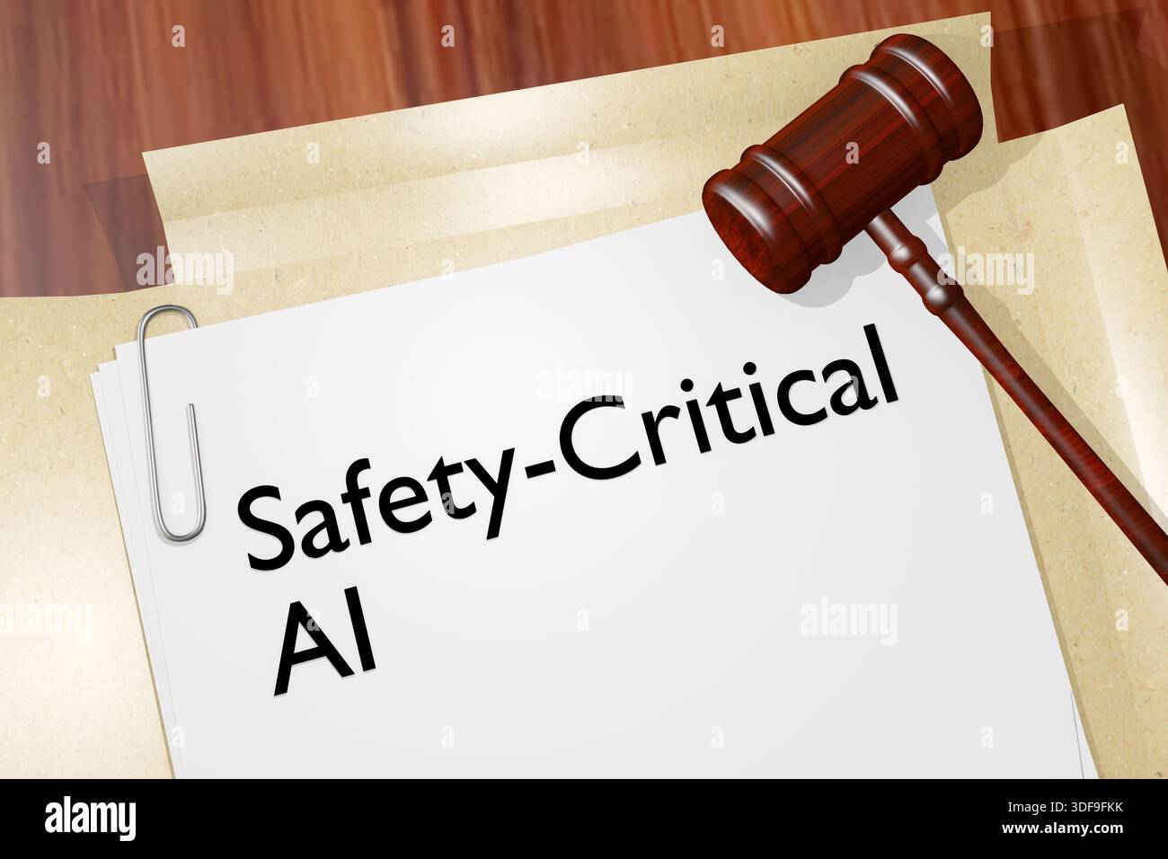 KI und sicherheitskritischer KI-Titel auf einem Rechtsdokument Stockfoto