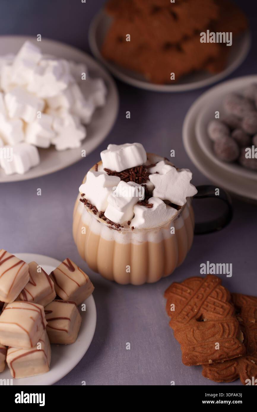 Gemütliche Winterspezialitäten mit heißer Schokolade mit Marshmallows, umgeben von verschiedenen Keksen und Süßigkeiten auf einem weichen lila Tisch, Delight, süß Stockfoto