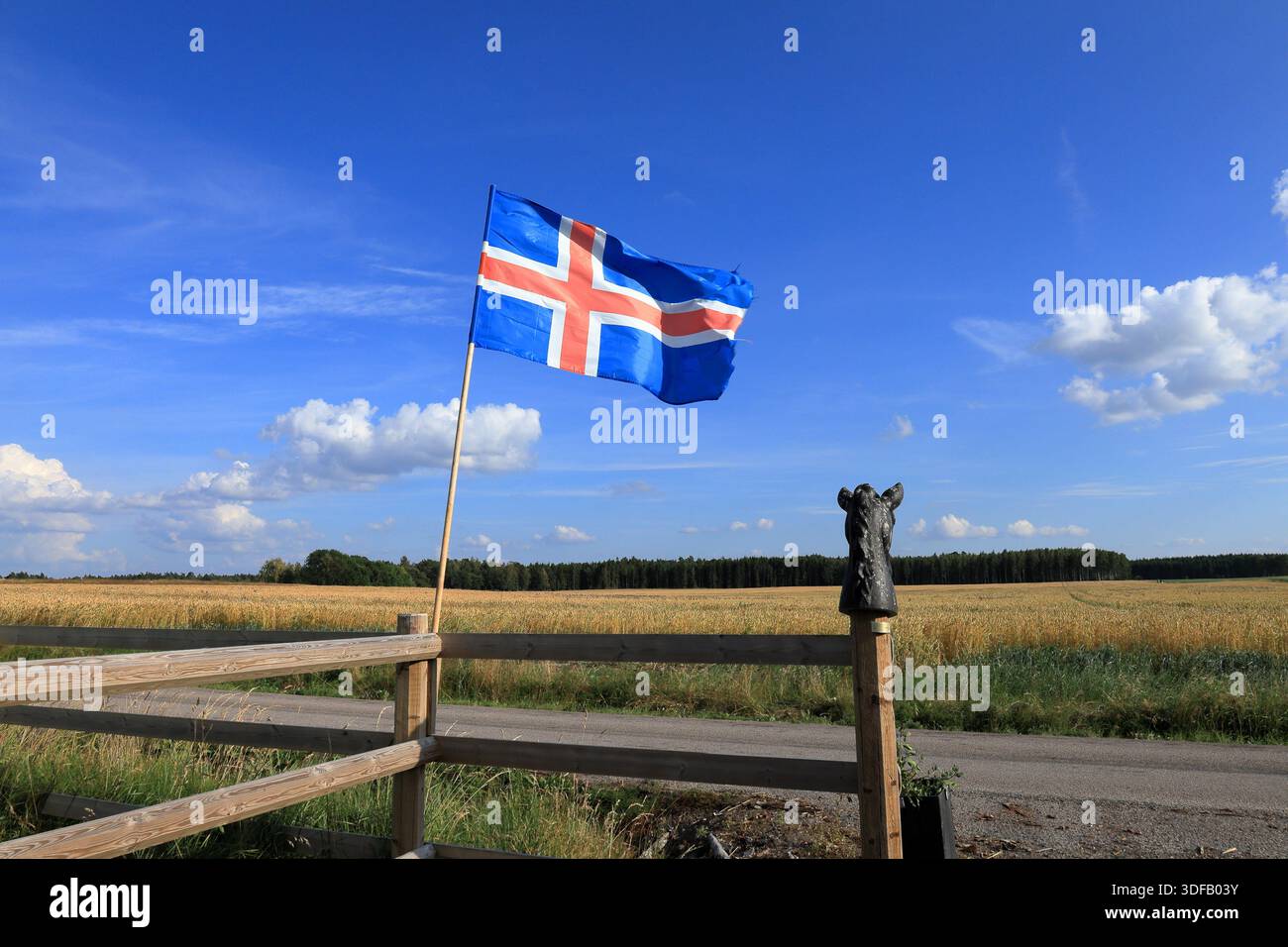 Isländische Flagge. An einem Holzzaun mit ländlicher Landschaft. Blau, weiß und rot. Sonniger Sommertag. Tolle Natur. Stockfoto