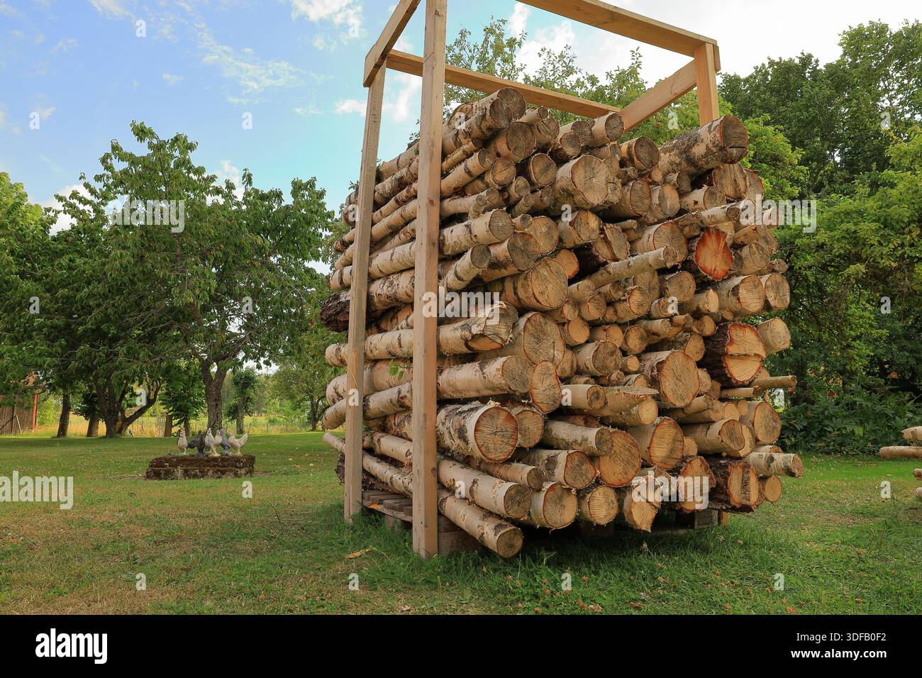 Viel Holz. Sommertag. Birke auf einem Stapel. Stockfoto