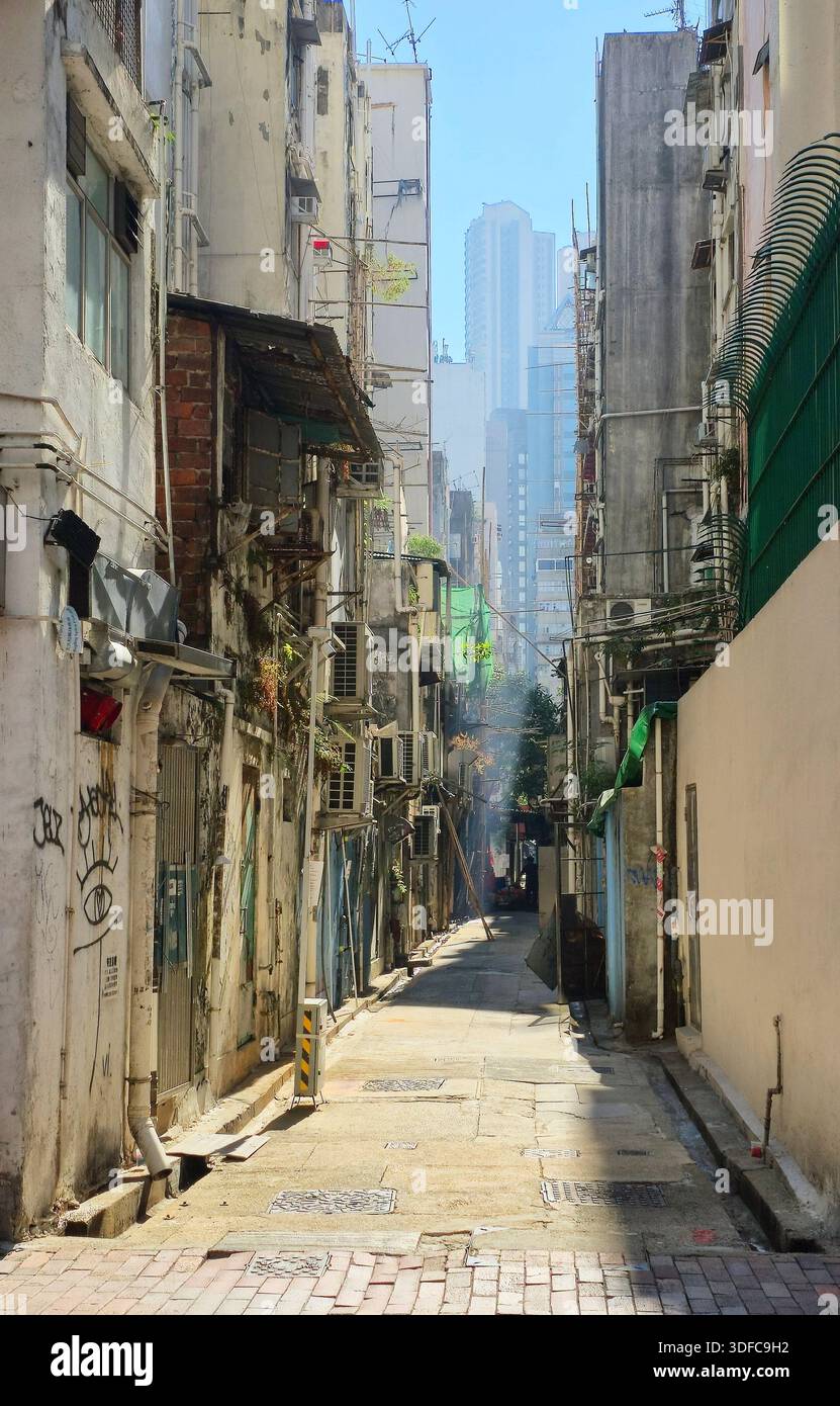 Kleine Gassen in Yu Mai Tai, Kowloon, Hongkong. Stockfoto