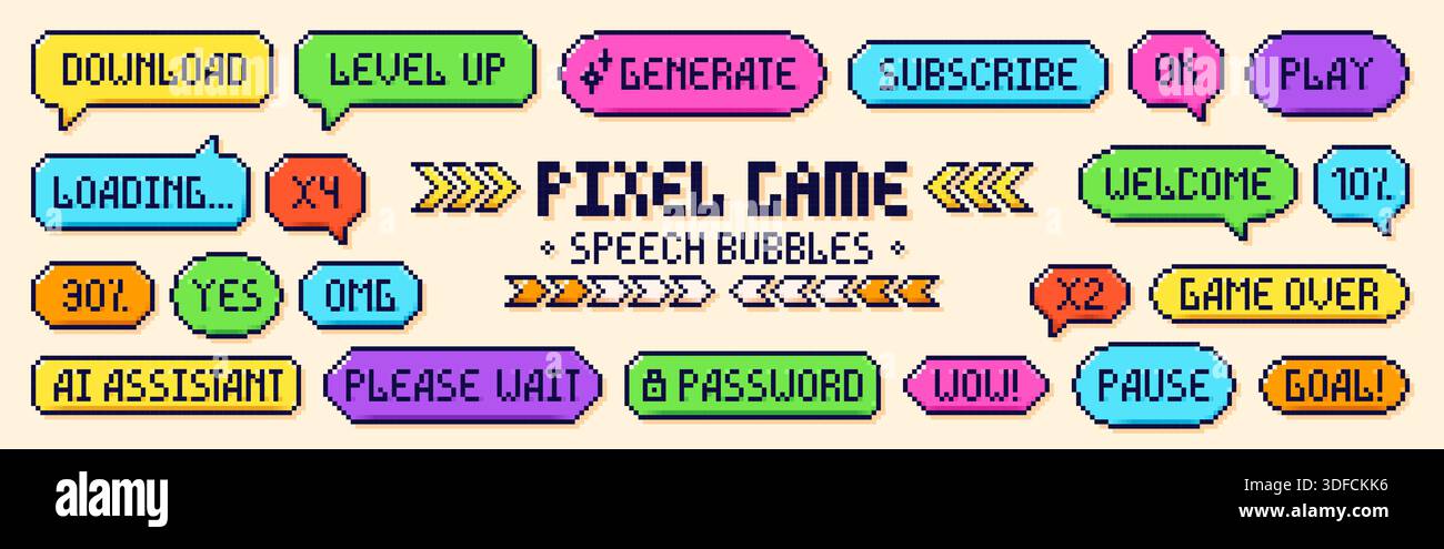 Pixel-Art-Set mit Farbspiel-Sprechblasen. Stock Vektor