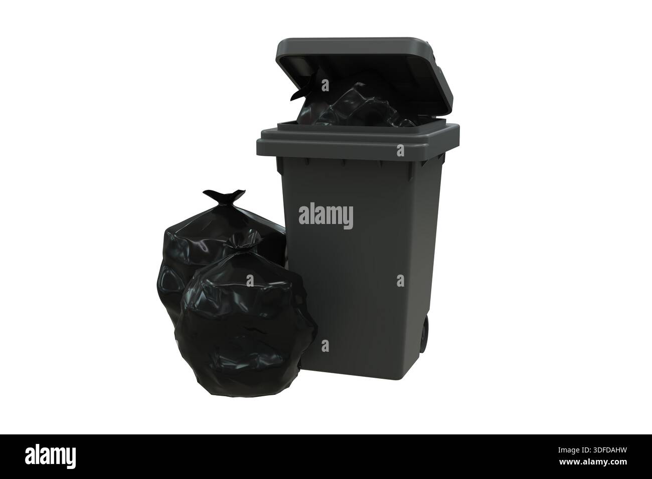 Ein Behälter mit Abfallbeuteln daneben – 3D-Rendering auf transparentem Hintergrund Stockfoto