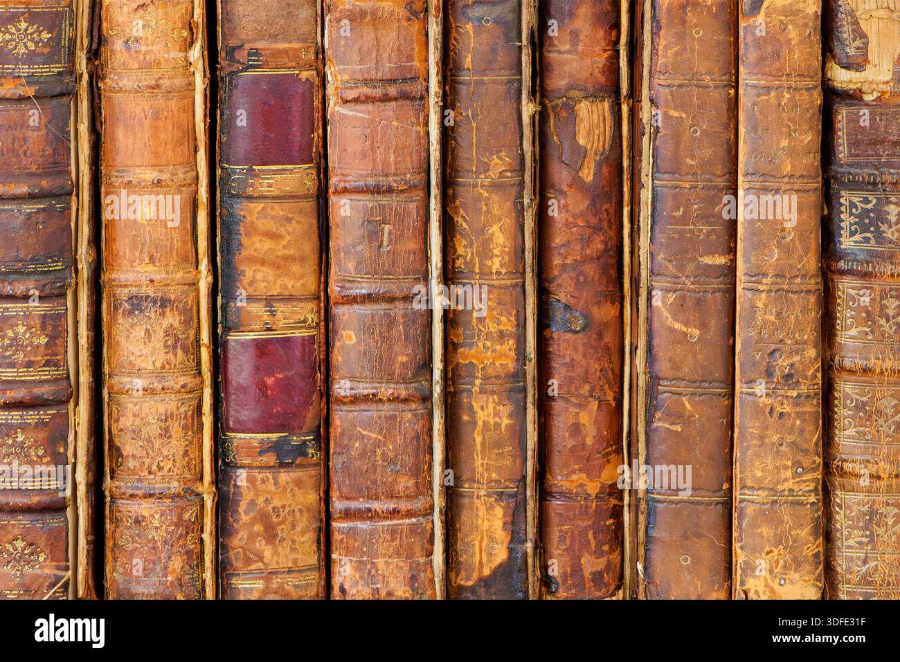 Reihe alter mittelalterlicher verwitterter Bücher mit Ledereinband Stockfoto