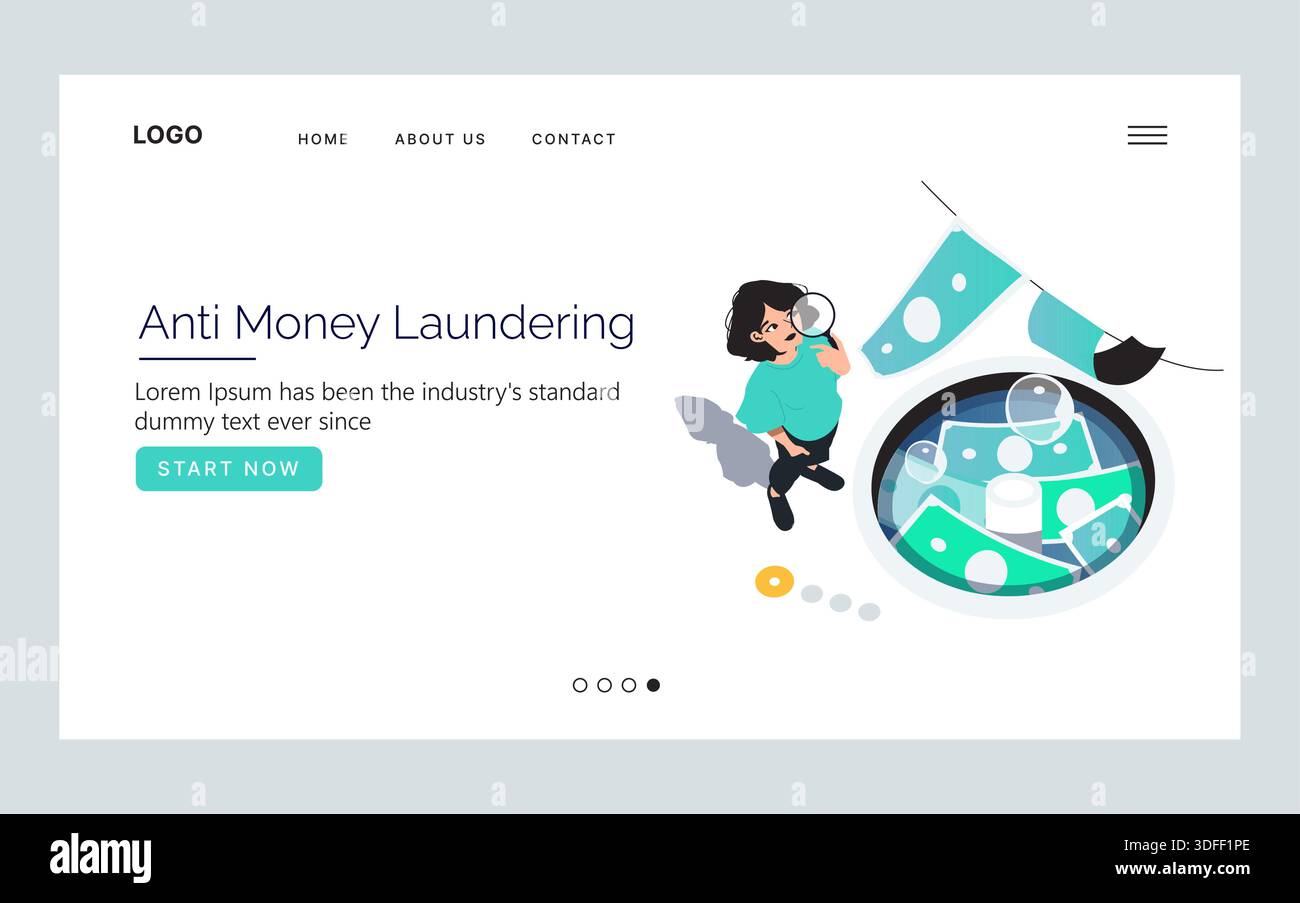 Vektorillustration, die eine Frau darstellt, die gegen Geldwäsche ermittelt. Die Szene zeigt Bargeld in einer Waschmaschine, das den Prozess der Geldwäsche-Erkennung symbolisiert. Stock Vektor