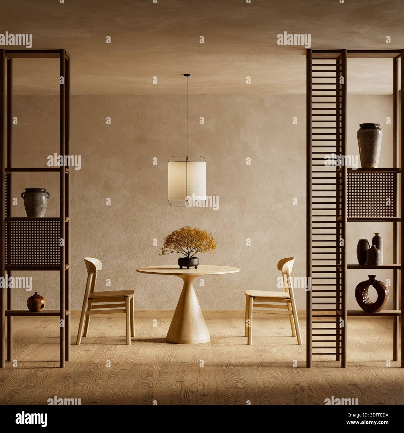 Raffiniertes japandi Esszimmer mit Naturholztisch, minimalistischen Stühlen und ruhigen neutralen Farbtönen, die japanische Zen-Ästhetik mit sc verbinden Stockfoto