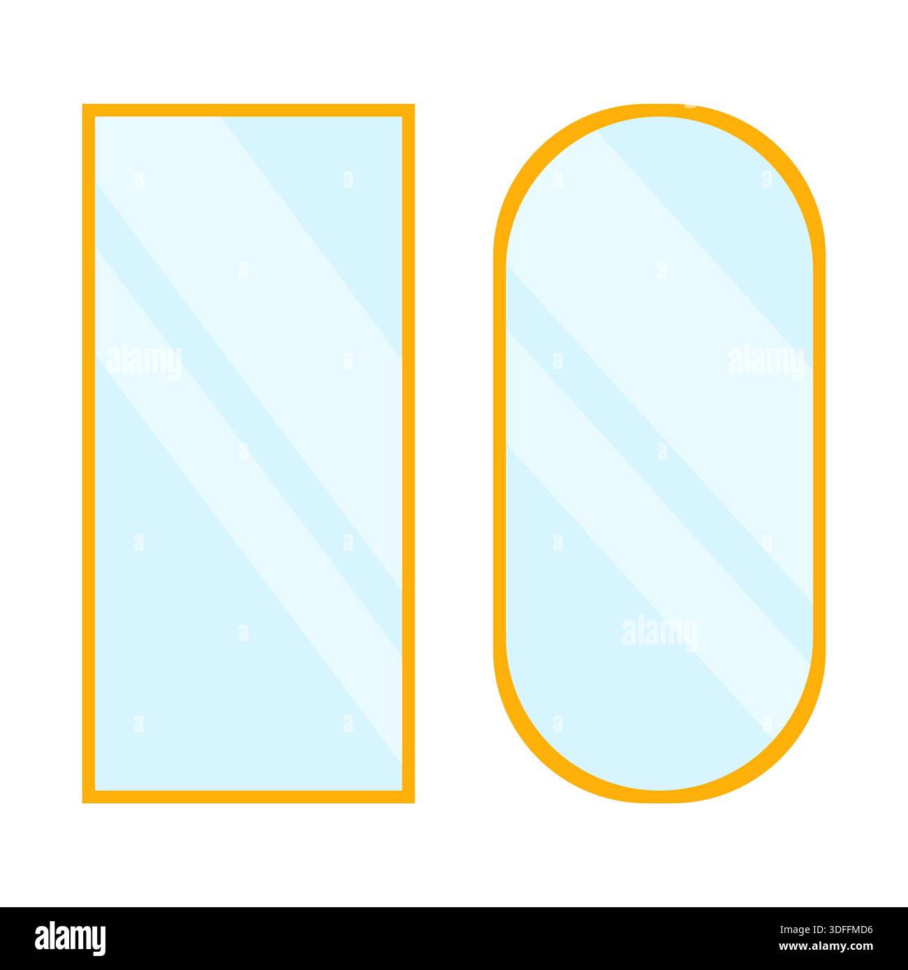 Symmetrische Spiegel aus Glas. Spektakulärer Reflexionsvektor. Prächtiges Metallgestell. Aussergewöhnliche häusliche Ornamentik. Stock Vektor