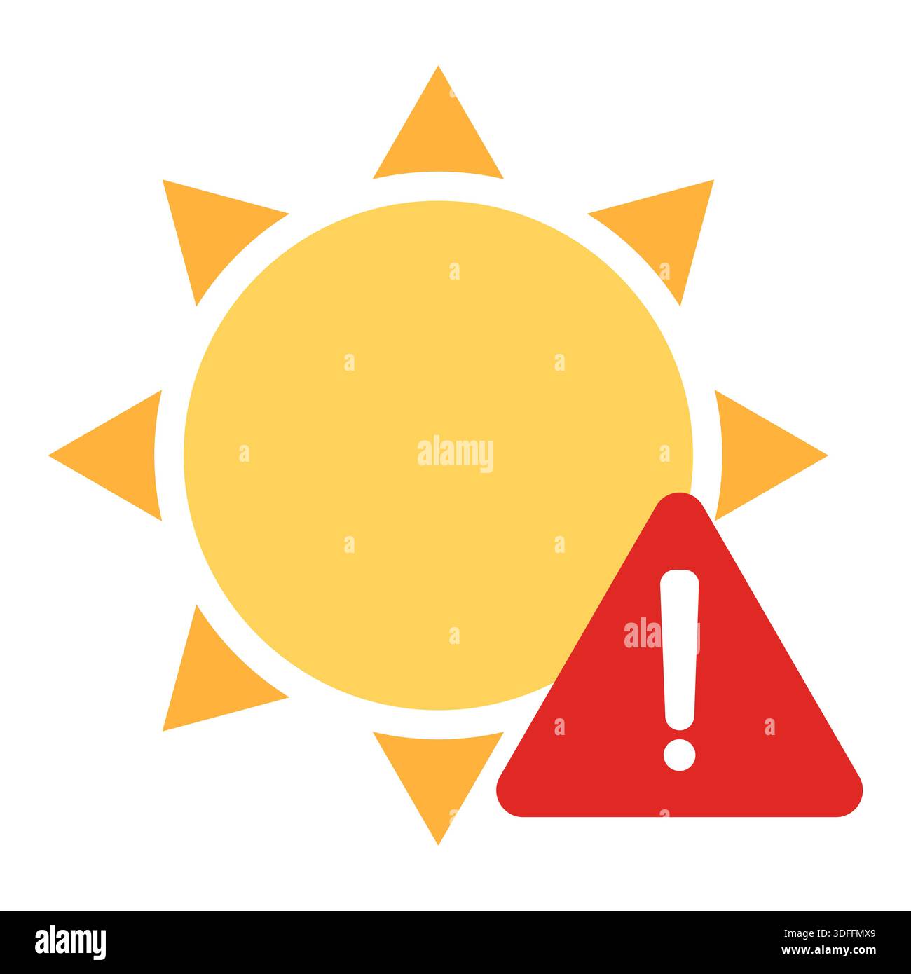 Strahlendes Himmelssymbol. Meteorologischer Warnvektor. Umfassendes Ausrufezeichen. Vorsorgliche atmosphärische Strahlung. Stock Vektor