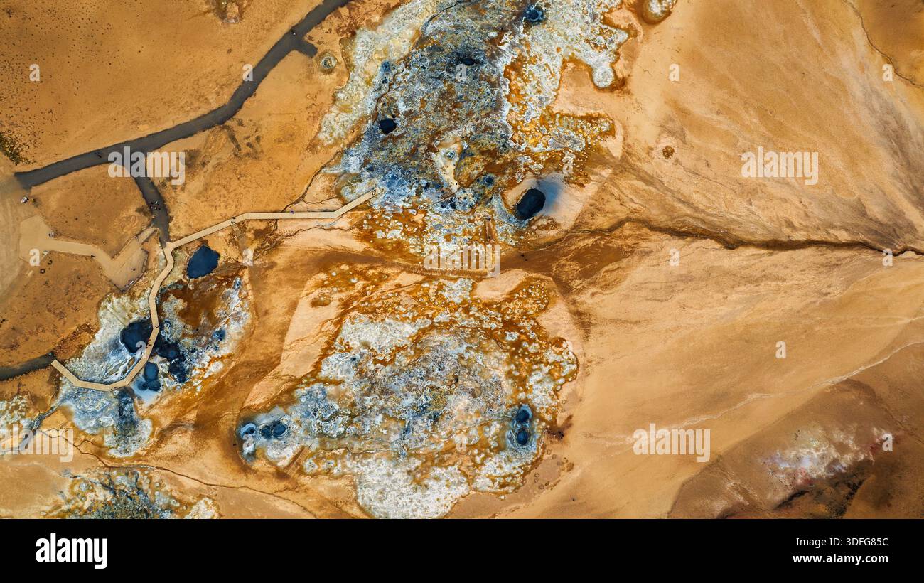 Aus der Vogelperspektive zeigt Hverir Namaskard in der Nähe des Lake Myvatn in Island mit schwefelbefleckter Erde, dampfenden Schlammtöpfen, blauen schwarzen Pools und einer Promenade dazwischen Stockfoto