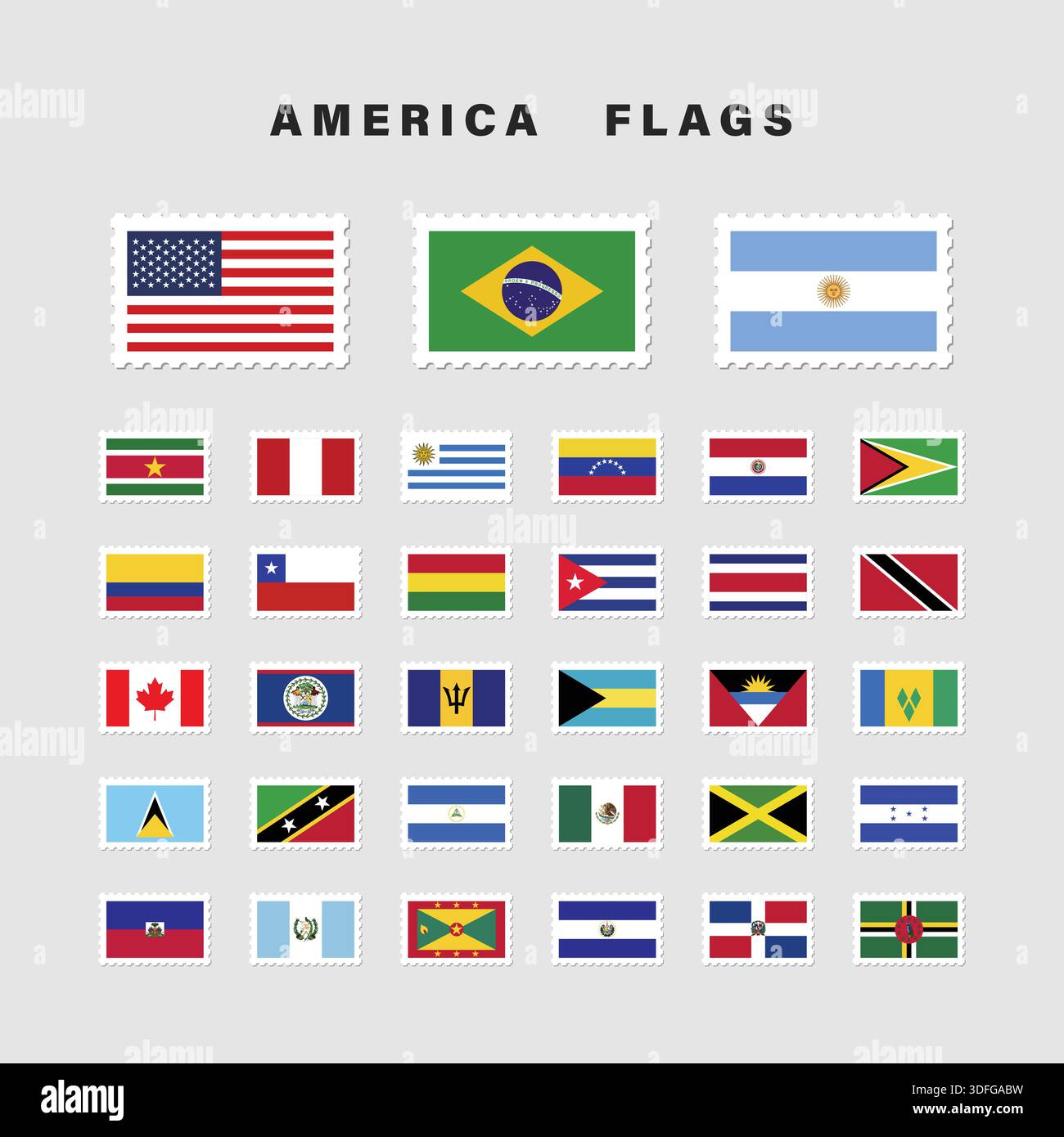Satz von Amerika-Flaggen mit Briefmarkenform Stock Vektor