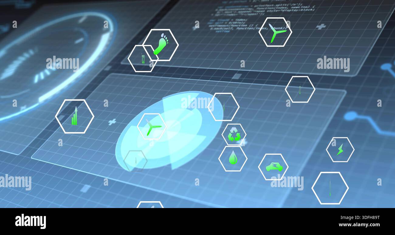 Anzeige des zentralen kreisförmigen holografischen Radars auf dem virtuellen Steuerungs-Dashboard mit grünen Hexadezimalsymbolen Stockfoto