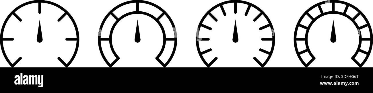 Ein Satz von vier minimalistischen Liniensymbolen, die verschiedene analoge Messgeräte, Skalen und Messuhren darstellen Stock Vektor