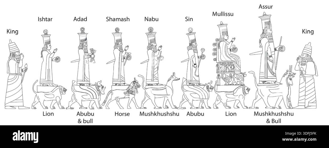 8087. Die Faida-Reliefs stellen eine Reihe von Reliefs von sieben der wichtigsten assyrischen Gottheiten dar, die auf podia in Form von Stridingtieren in der Zeit vor der Küste stehen Stockfoto