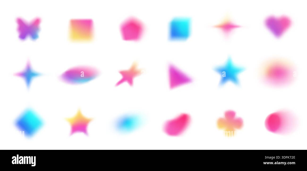 Y2K organische Unscharfe Form mit rosa, blauen und gelben Verläufen. Flüssiger holographischer abstrakter Effekt. BLOB und Stern, Herz und Schmetterling, Quadrat und Stock Vektor