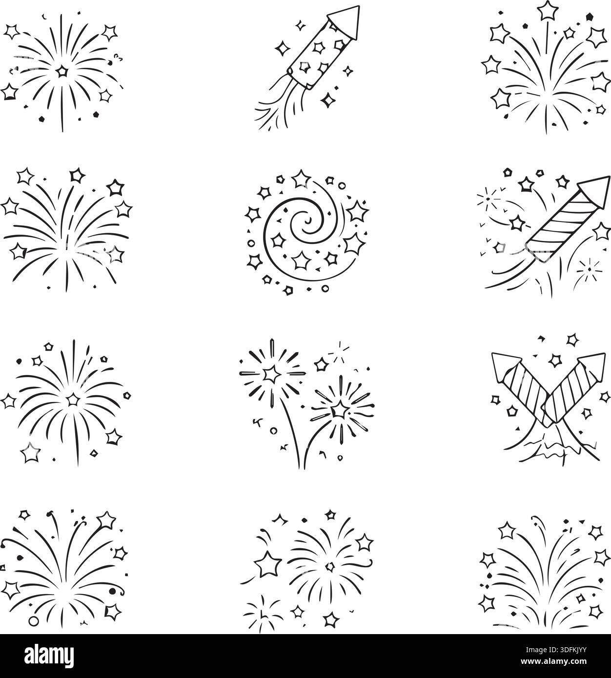 Modern Celebration Fireworks Line Icons Pack für Feiertage, Festivals und nächtliche Veranstaltungen. Detaillierte lineare Symbole, die verschiedene Arten von Feuerwerk zeigen. Stock Vektor