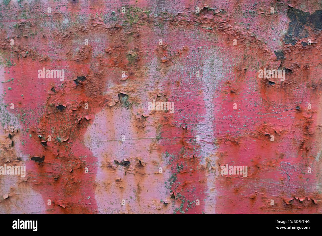 Verwitterte pinkfarbene Wand mit abblätternder Farbe, Rostflecken und rauer Textur, die urbanen Verfall und veraltete architektonische Oberfläche zum Ausdruck bringt Stockfoto
