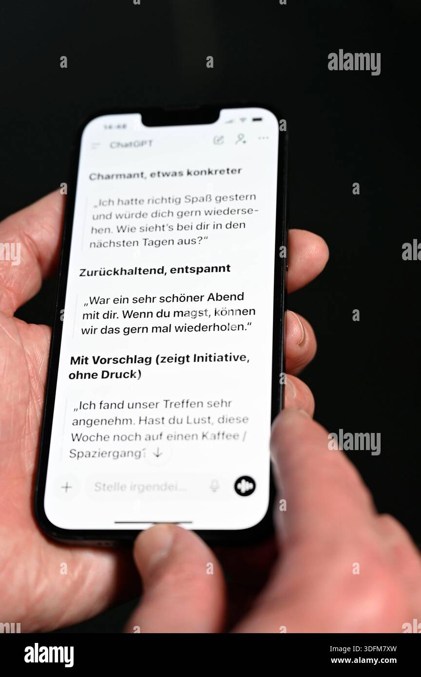 ChatGPT Unterhaltung auf einem Smartphone Themenfoto vom 08.01.2026. NUR REDAKTIONELLE VERWENDUNG *** ChatGPT-Konversation auf einem Smartphone Themenfoto vom 08 01 2026 NUR REDAKTIONELLE VERWENDUNG Copyright: epd-bild/HeikexLyding  DSC0468 Stockfoto