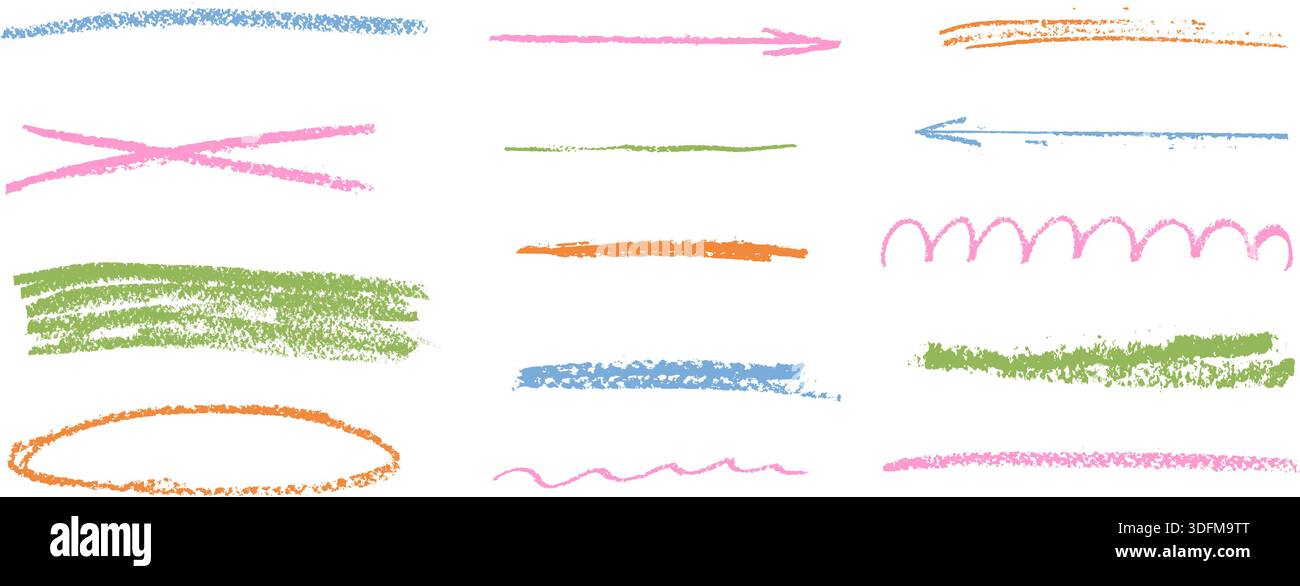 Mehrfarbige Bleistiftunterstriche mit Doodle. Pinselstrichsatz mit Pinselstrich für Buntstifte in Pink und Grün. Graphit Bleistiftstruktur durchgestrichen, Pfeil, Ellipse. Kreide hochl Stock Vektor