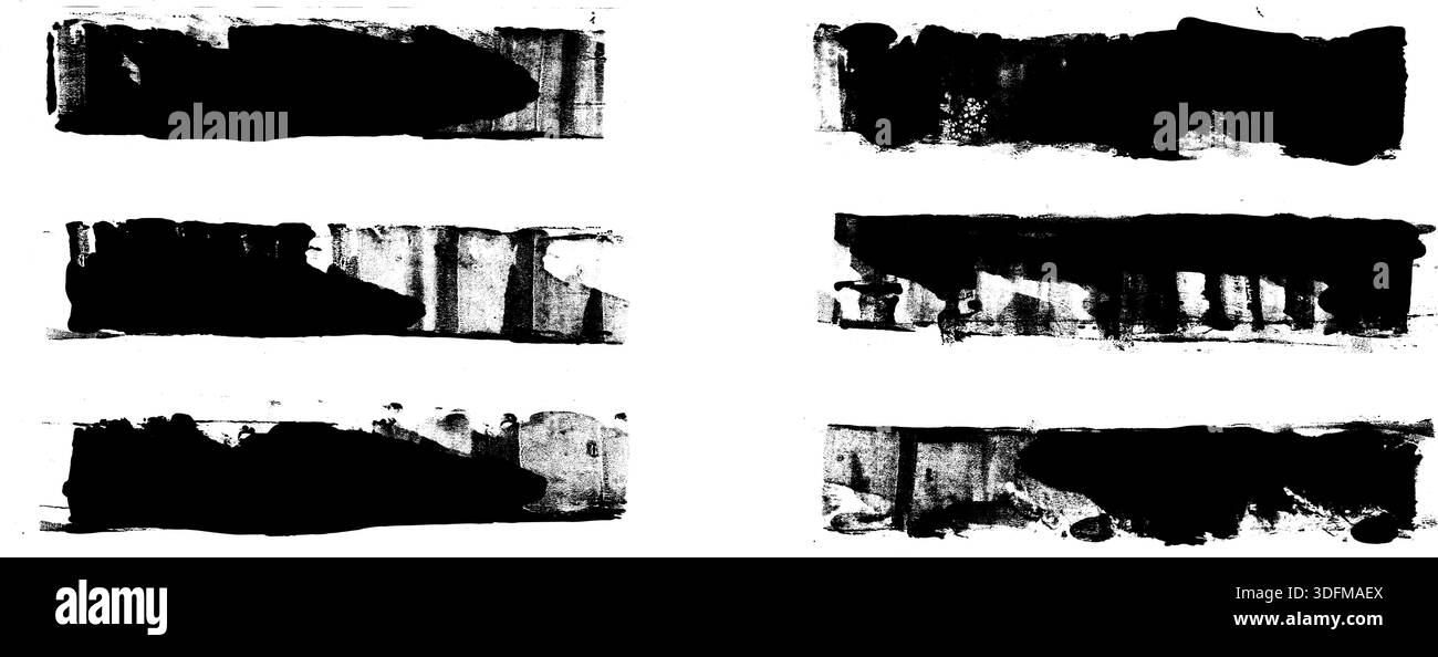 Pinsel mit Tintenwalze streichelt Texturen mit verstörter Textur. Lackieren Sie breite Linien mit grobem Linolschnitt. Pinselstrichelemente mit Grunge-Design. Vektor lang h Stock Vektor