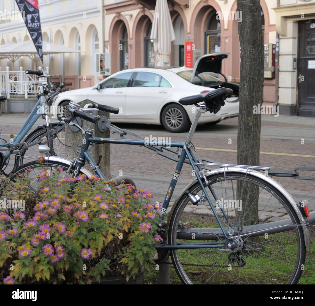 Urbane Straßenszene mit einem geparkten Fahrrad in der Nähe eines Blumenbeetes und einem Auto im Hintergrund vor historischen Gebäudefassaden. Alltag in der Stadt. Kar Stockfoto
