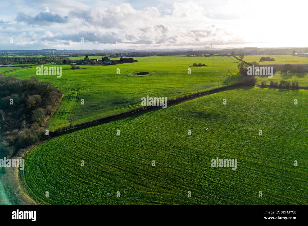 Weitläufige grüne Felder in Lancashire Farmland in der Nähe von Earlestown. Stockfoto