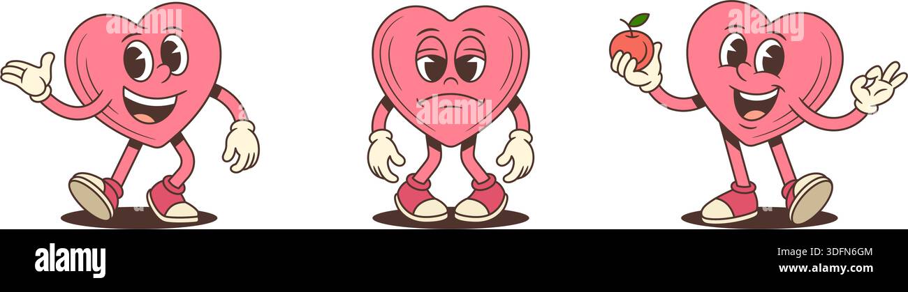 Set aus emotionalen Retro-Cartoon-Maskottchen mit Herzcharakter. Das rosa Liebessymbol ist glücklich, traurig und hält einen roten Apfel. Verspielte Comic-Figur für Aufkleber Stock Vektor