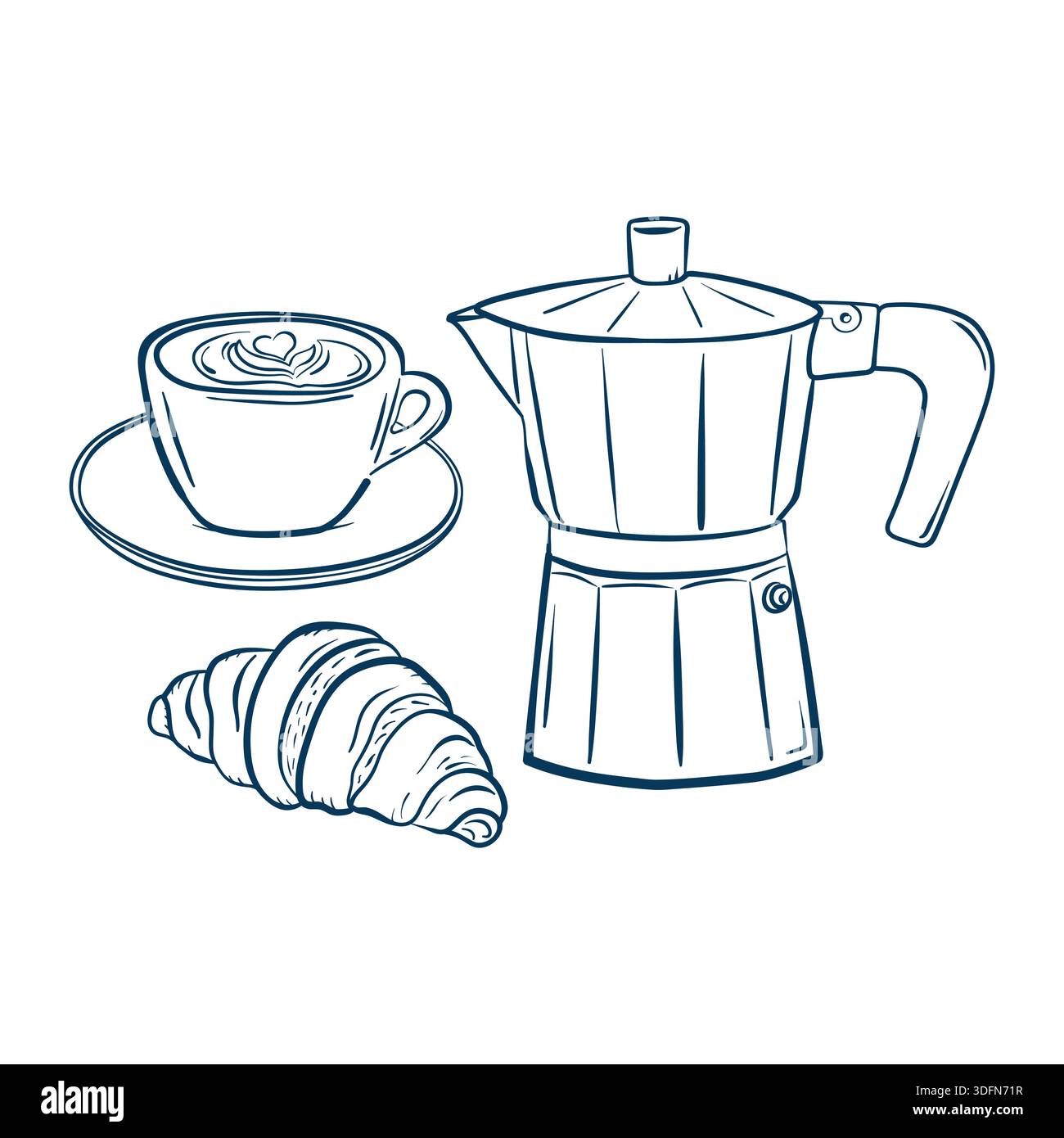 Moka Pot Kaffee und Croissant, Tasse Cappuccino und Croissant handgezeichnetes Set, Doodle Frühstückskollektion, Doodle Sketch Icons in Buntstift Zeichnung Stock Vektor