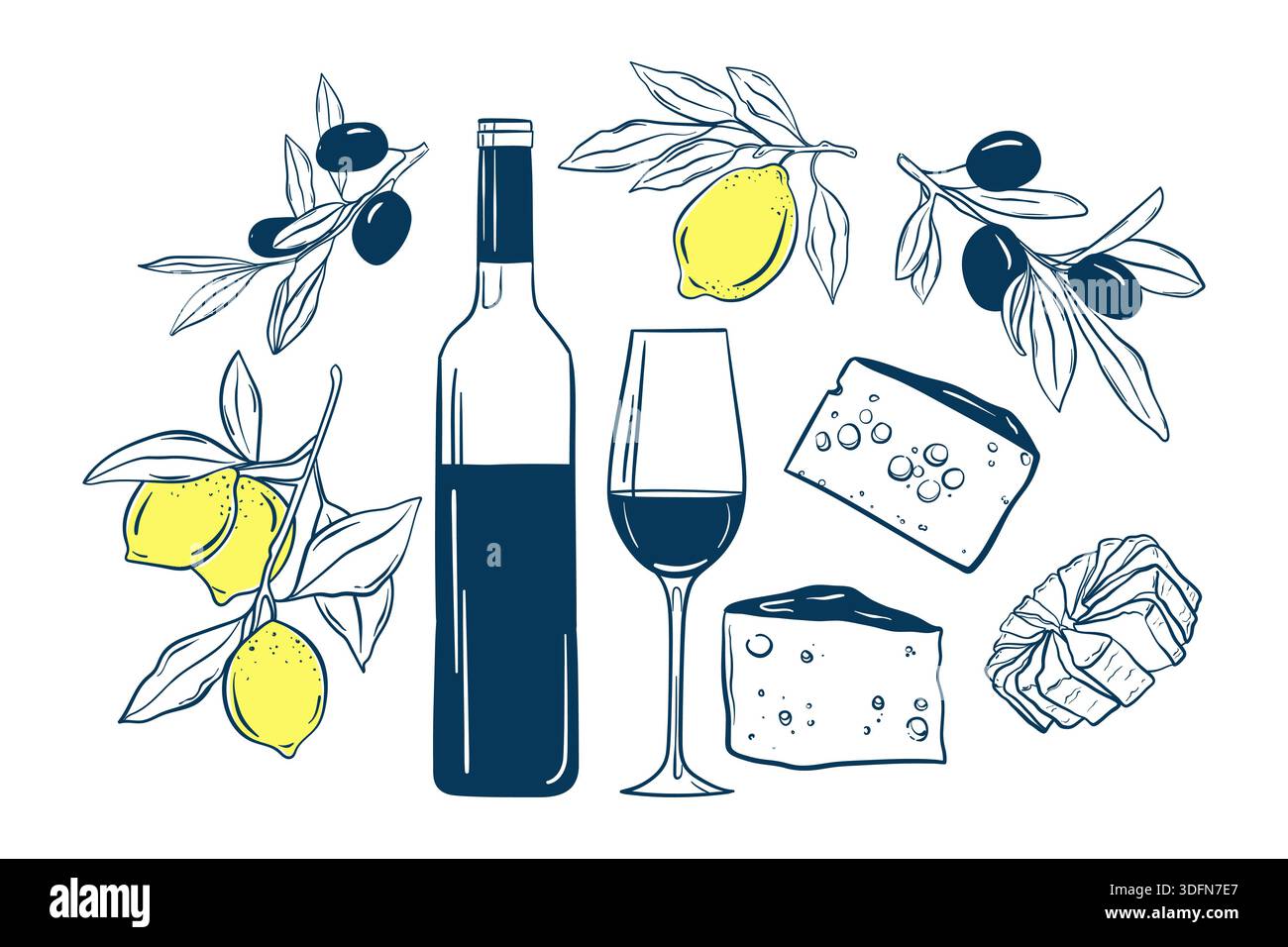 Wein und Käse Kritzelset, italienische Köstlichkeiten, Essen und alkoholische Getränke, Vektor-Illustration Isolate auf weiß Stock Vektor