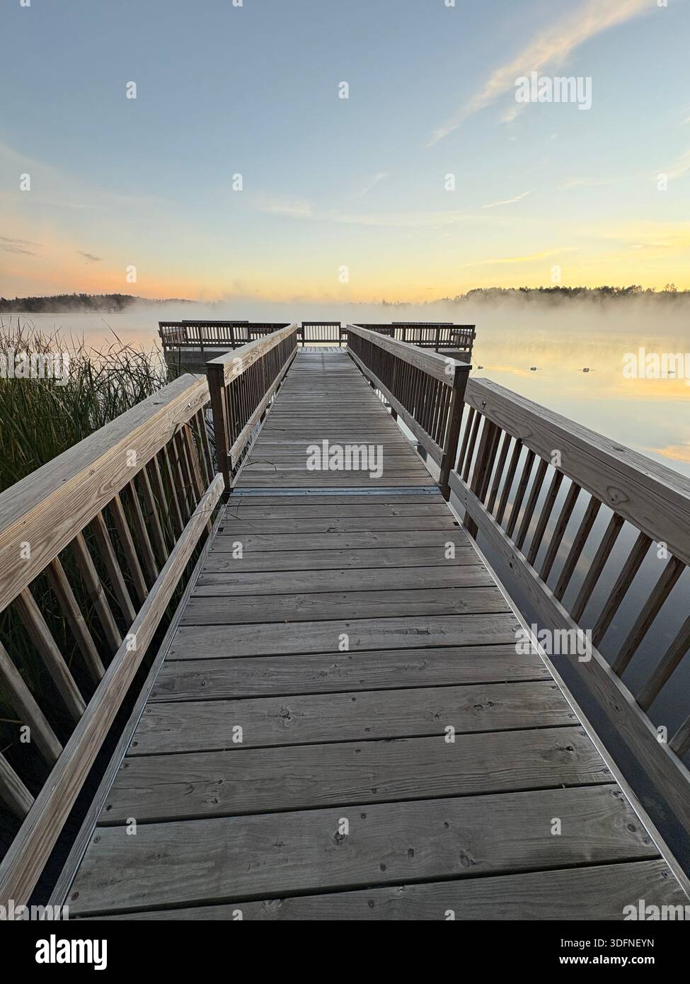 Northern Minnesota Angelpier im frühen Morgennebel. Hellblauer Himmel bei Sonnenaufgang. - Smartphone-aufgenommenes Stockfoto