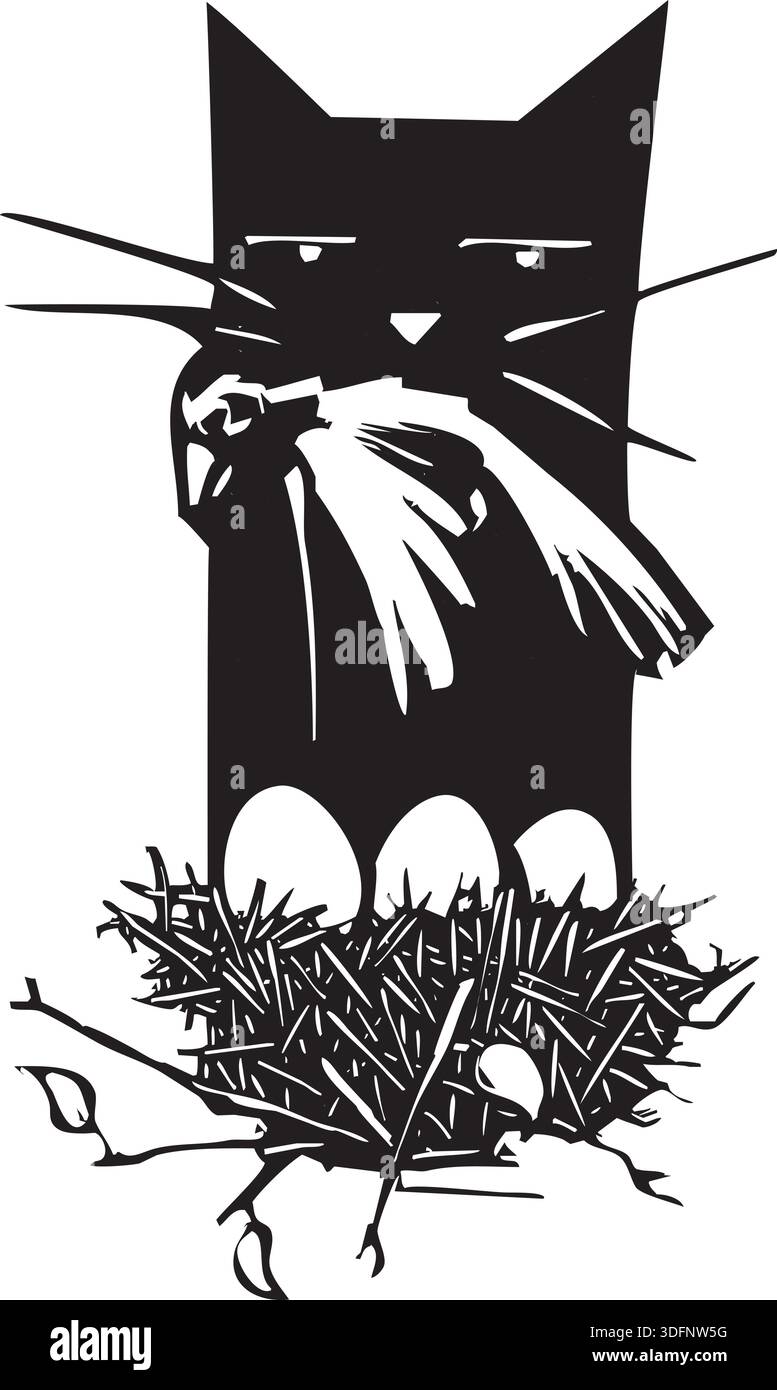 Holzschnitt-Stil Bild einer Katze, die Tötung eines Vogels mit einem Nest mit Eiern. Stock Vektor