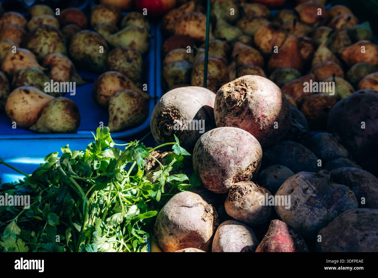 Frische Rote Bete und Petersilie auf einem Markt im Freien in Nizza, Frankreich Stockfoto