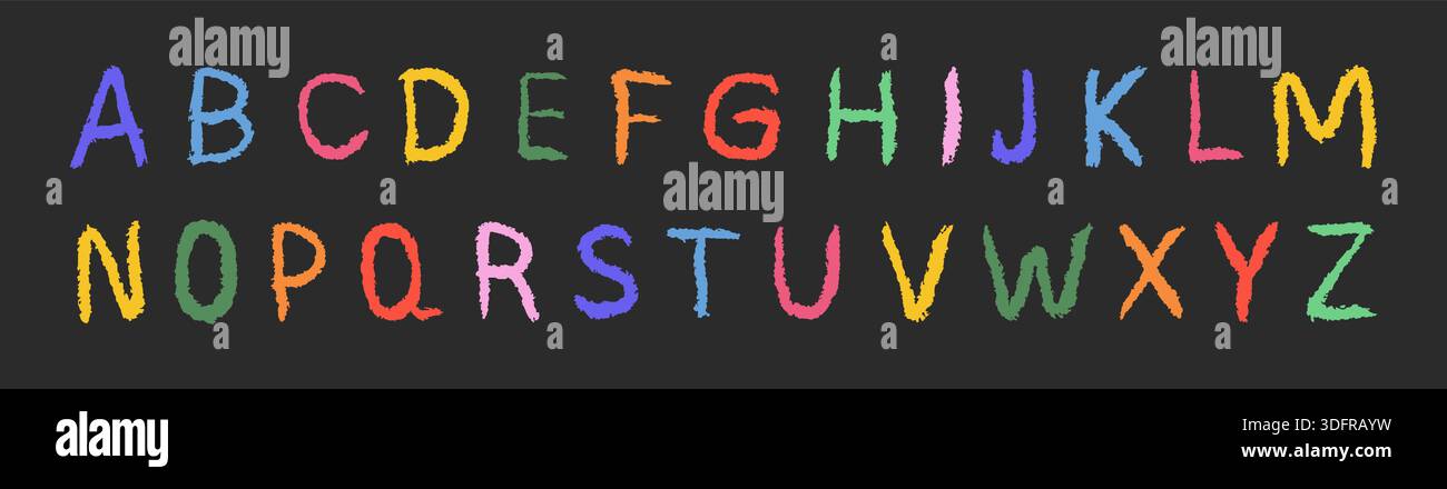 Buntstift mit englischem Alphabet. Farbenfrohe Schriftart mit handgezeichneter Bleistiftstruktur. Grunge-Style. Vektorabbildung Stock Vektor