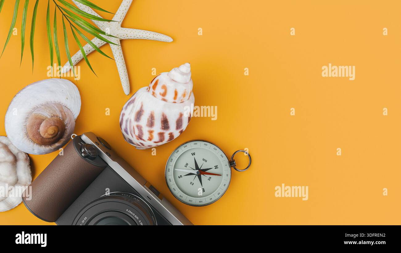 Strandreisezubehör Kompass Seesterne Kamera Kopierraum. 3D-Rendering Stockfoto