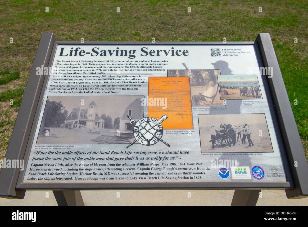 Einführung des Fort Gratiot Lighthouse „Life-Saving Service“ am Fort Gratiot Lighthouse, Port Huron, Michigan MI, USA. Stockfoto