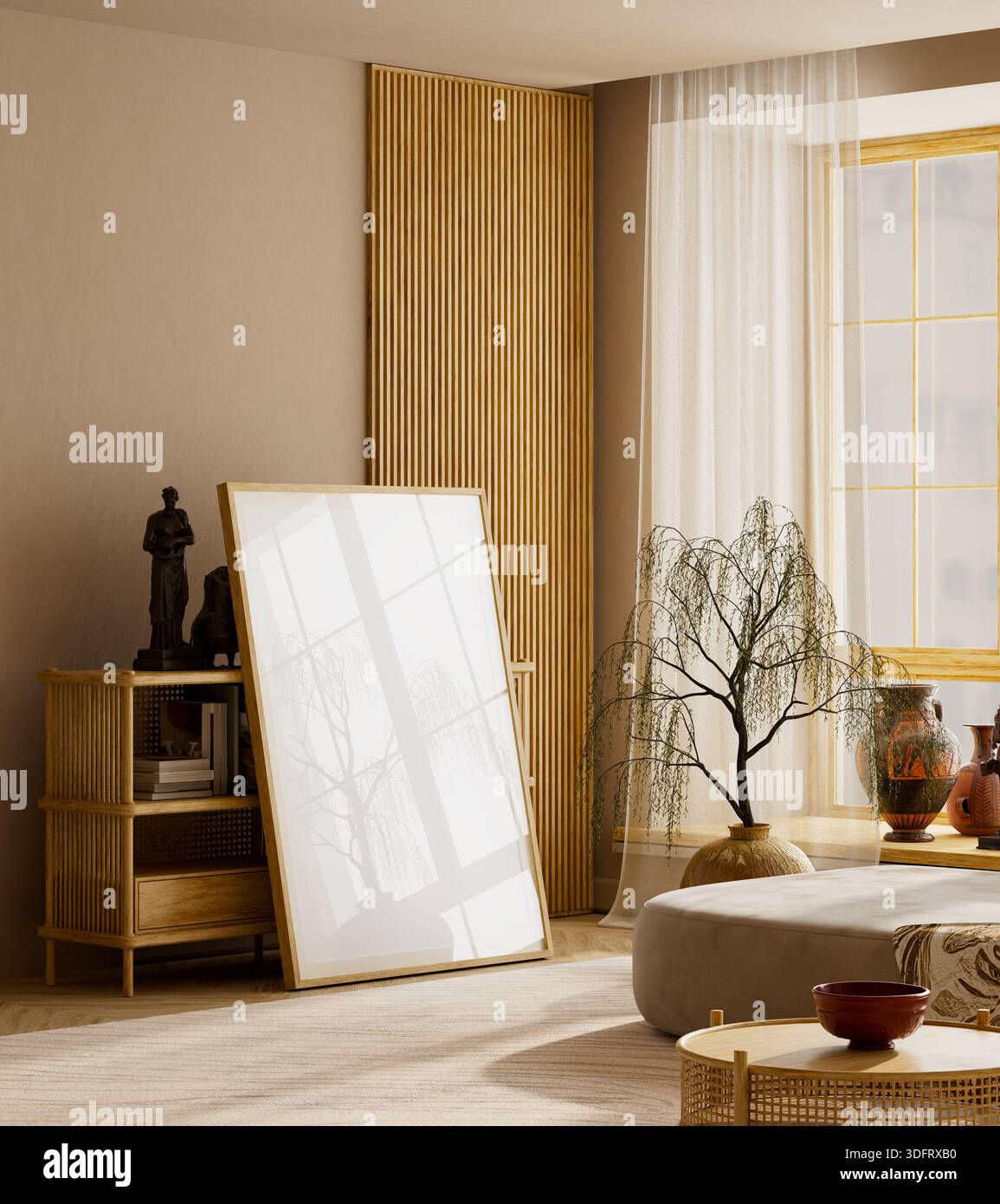 Minimalistischer, moderner Raum für Kunstausstellungen in warmen Tönen und gemütlichem Tageslicht. 3D-Abbildung. Stockfoto