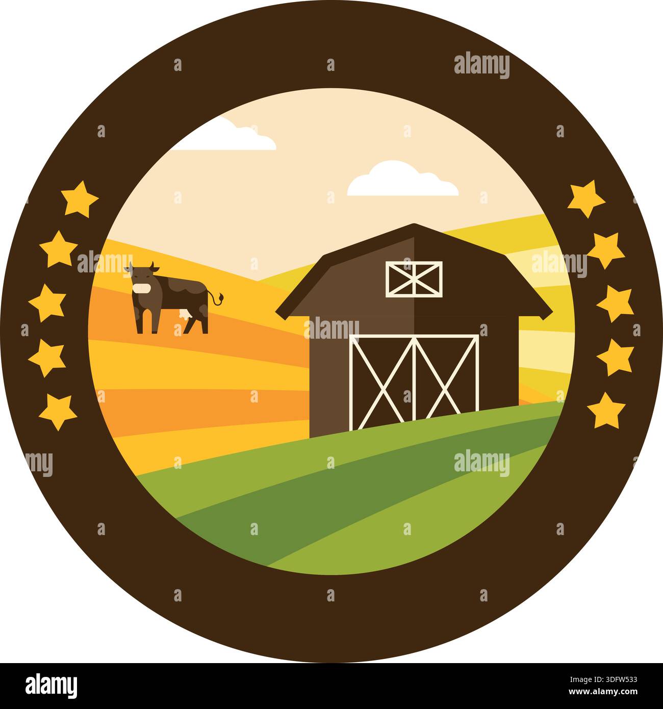 Sommer Bauernhof Landschaft Vektor-Symbol, grünes Feld mit rotem Haus und Heuhaufen Stock Vektor