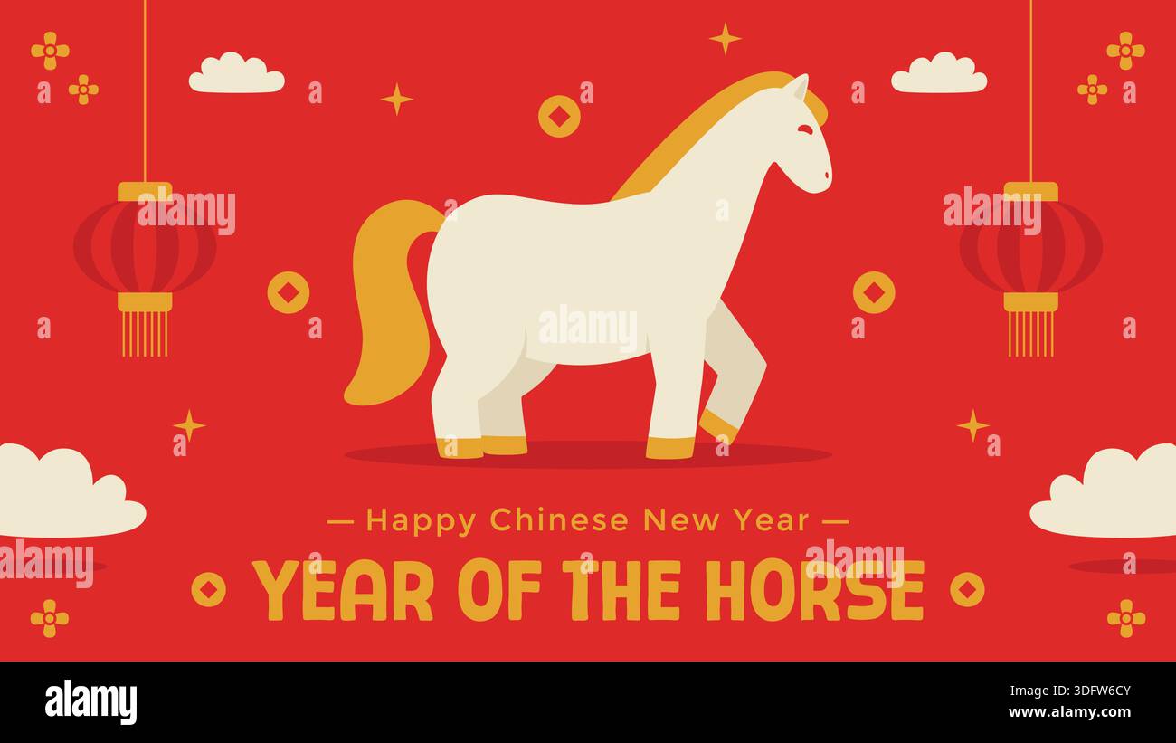 Frohe chinesische Neujahrsgrüße mit minimalistischem Design, weißem Pferd und roten Laternen auf rotem Hintergrund mit saisonalen Elementen. Stock Vektor