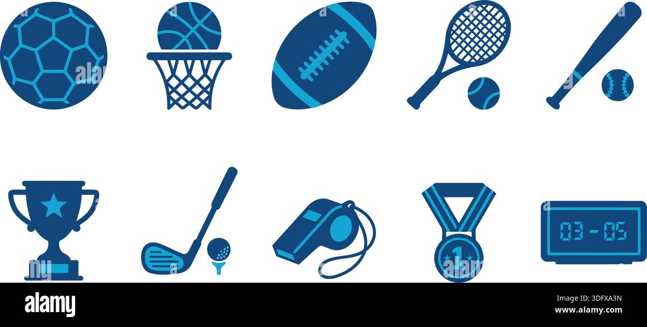 Eine Reihe blauer Symbole, die Sportausrüstung wie Bälle, Schläger und Trophäen darstellen. Nützlich für digitale Designs und Sportthemen. Stock Vektor
