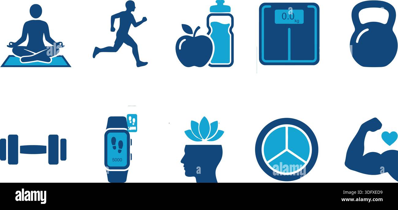 Eine Reihe blauer Symbole, die Fitness- und Wellness-Konzepte wie Yoga, Laufen und gesunde Ernährung darstellen. Ideal für gesundheitsbezogene Designs und Werbung Stock Vektor