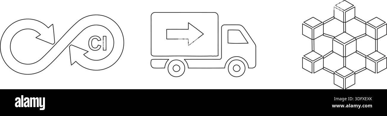 Minimalistische Umrisssymbole, die kontinuierliche Integration, Lieferlogistik und Blockchain-Konzept auf weißem Hintergrund veranschaulichen. Stock Vektor