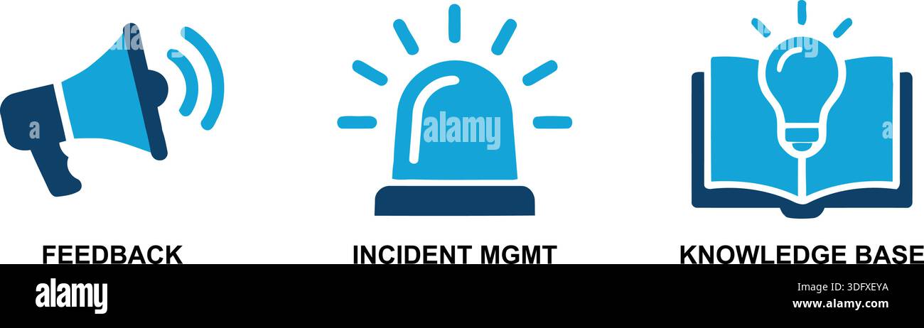 Farbenfrohe Symbole, die Feedback, Incident Management und Wissensdatenbank symbolisieren und jeweils durch ein einzigartiges Grafikelement dargestellt werden. Stock Vektor