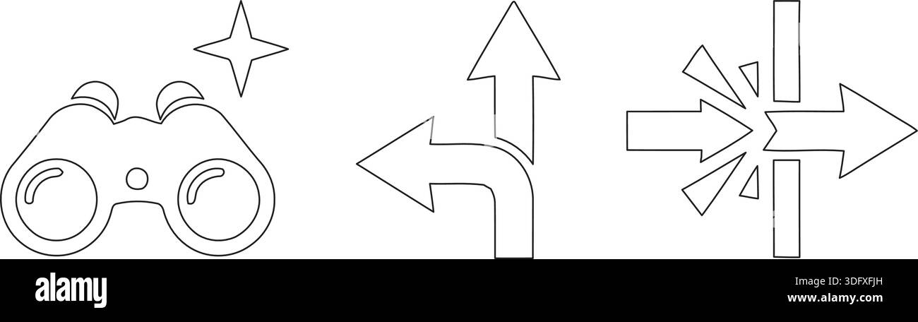 Schwarz-weiße Vektorillustration mit Navigationssymbolen wie Fernglas, Richtungspfeilen und einem Kreuzungszeichen. Stock Vektor
