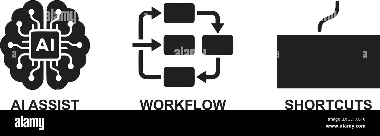 Eine Reihe von Schwarzweiß-Symbolen, die KI-Unterstützung, Workflow-Prozesse und Tastenkombinationen veranschaulichen und Konzepte moderner Technologie darstellen. Stock Vektor