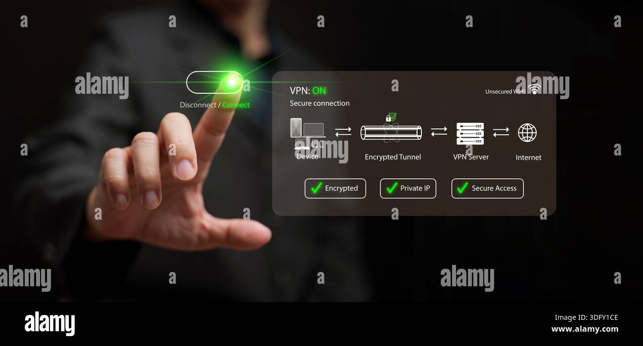 Hand schaltet VPN-Verbindung ein und zeigt verschlüsselten Tunnel, private IP, sicheres virtuelles privates Netzwerk, Datenschutz, Datenverschlüsselung, Internet-Sicherheit an Stockfoto