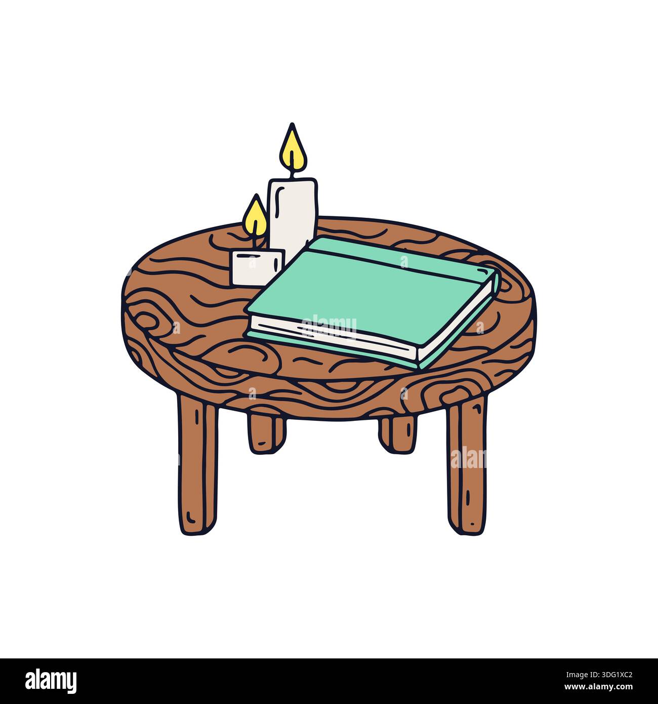 Handgezeichnetes Hygge-Buch mit Doodle auf einem Holztisch mit Kerzensymbol Stock Vektor