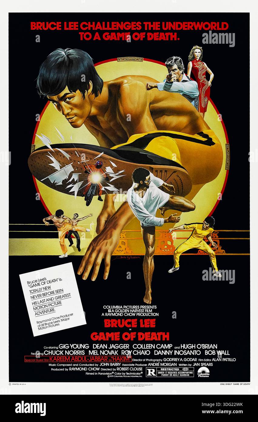 Game of Death (1978) von Robert Clouse mit Bruce Lee, Colleen Camp und Dean Jagger. Ein Martial-Arts-Filmstar täuscht seinen Tod nach einem Mob-Treffer vor, damit er heimlich auf das Verbrechersyndikat zurückgreifen kann, das ihn anvisierte, was zu einer Reihe brutaler Showdowns führt. Foto eines Original-Posters aus dem Jahr 1978 mit einem Blatt, das AUSSCHLIESSLICH ZUR REDAKTIONELLEN VERWENDUNG VON Bob Gleason DIENT. Quelle: BFA / Columbia Pictures Stockfoto